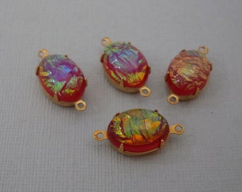 Red Opal  Stone  Oval in 2 Loops Brass Setting 14mm x 10mm Connector.(4)