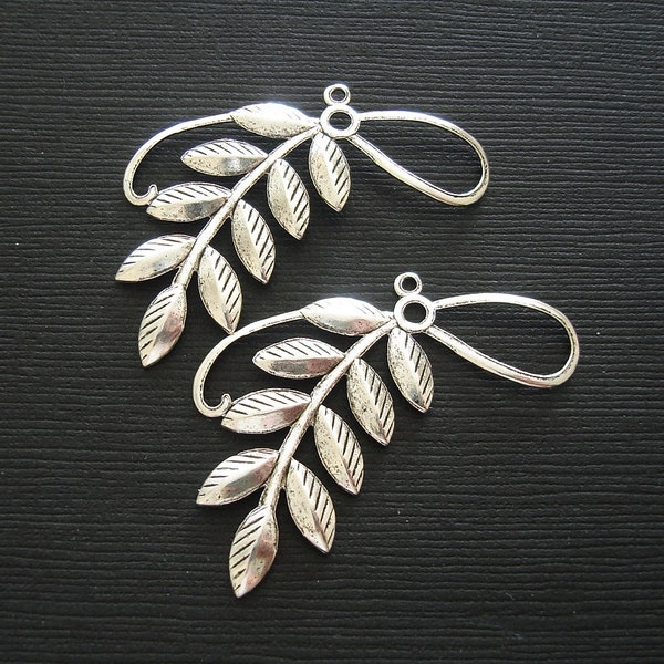 2-Branch  Leaf Embellishment  Antique Silver Ox  Silver  Stamping Pendant .