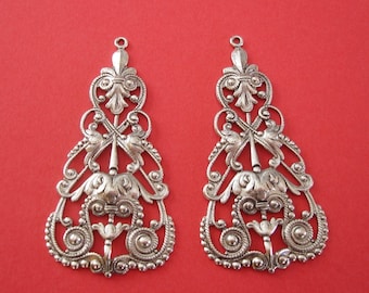 2 Pcs-Large Floral Filigree Antiqued Sterling Silver over Brass Jewelry Making Supply.