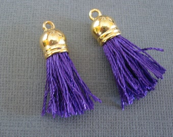 Purple Silk Tassel with Shiny Gold Caps, Silk/Satin Tassels Charms Pendant, Ideal Accessories for DIY projects--38x10 mm