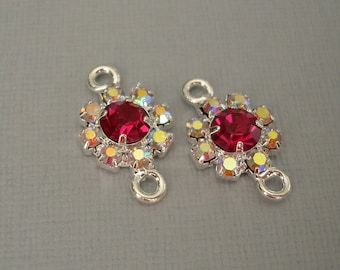 4pcs - Connector Charm Silver Brass  Ruby and AB Crystal Rhinestones.