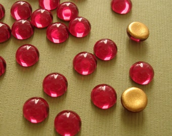 Vintage Glass Cabochon Round Gold Foiled Fuchsia Czech Glass, 7mm.