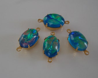 Dark Blue Opal  Stone  Oval in 2 Loops Brass Setting 14mm x 10mm Connector.(4)