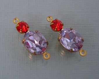 Vintage Lavender Faceted Oval Glass and Round Hyacinth Rhinestone Brass Prong Settings(2).