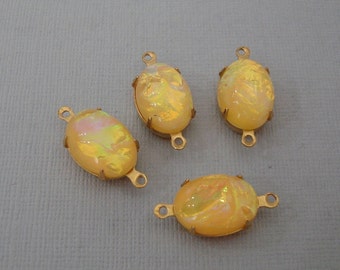Yellow Opal  Stone  Oval in 2 Loops Brass Setting 14mm x 10mm Connector.(4)
