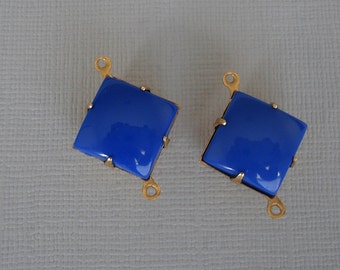 4pcs-Royal Blue Smooth Square Acrylic Stone in 2 Loop Brass Setting 12x12mm