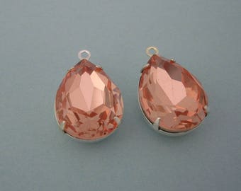 Light Peach  Crystal Faceted Glass Pear Teardrop in Sterling Silver Plated Brass Settings 1 Loop Charm 18 x 13 mm   Closed Back (2pcs).