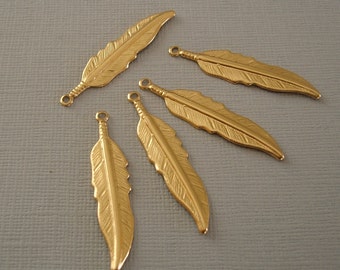 Raw Brass  Textured Feather Pendant Charm  1 Ring.