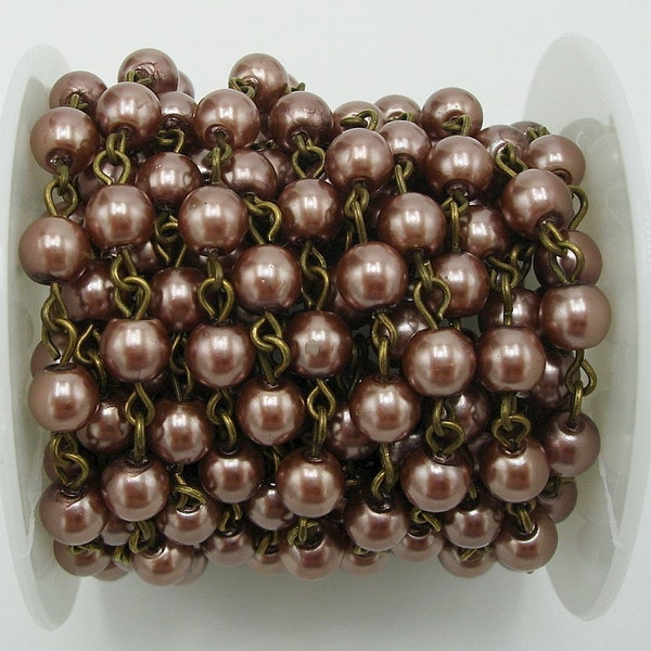1 yard Mauve Round Pearl 6mm  Rosary Chain with Antiqued Brass Wire.