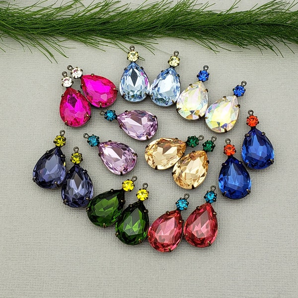 Vintage  Faceted Pear Shaped Stone and Round  Rhinestone Antiqued Brass Prong Settings.