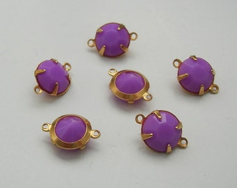 6pcs-Purple Acrylic Rhinestone  8 mm diameter  Brass Prong Setting Connector Open  Back 2 Rings.