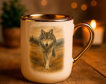 Totem Wolf Mug – Gold Mug Illustration & Mystical Text | AI-Generated Design | Spiritual, Shaman, Wilderness Gift