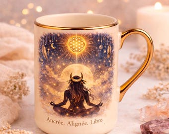Flower of Life Spiritual Mug – Mystical Cup with Gold Handle and Rim – Gift for the spiritual woman interested in well-being, meditation, and the sacred feminine