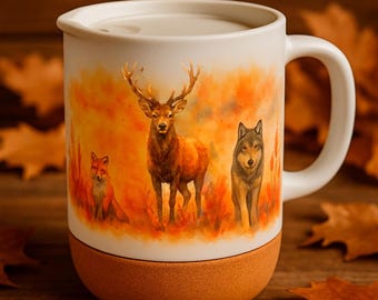 Mug with cork lid, autumn landscape, deer, fox and wolf - watercolor style forest nature cup, colorful handmade gift - AI generated