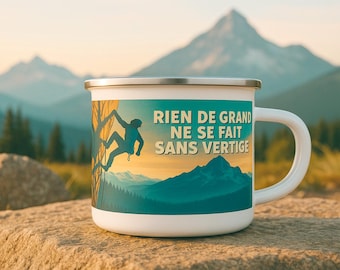 Mountain enamel metal mug - Climbing adventure gift - Vintage outdoor mug with motivational quote