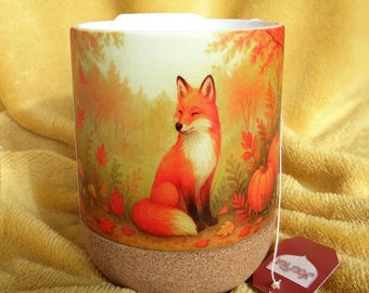 Cork bottom mug & lid - Fox and autumn landscape - infusion cup - Cozy mug with forest fox illustration - Nature and tea lover gift