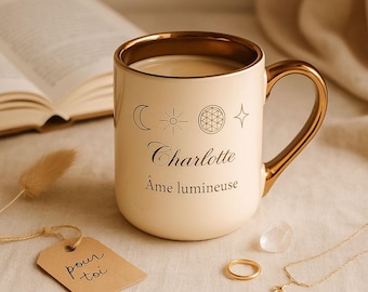 Personalized gold mug with first name - Boho gold border handle mug - Chic esotericism - Spiritual gift for women