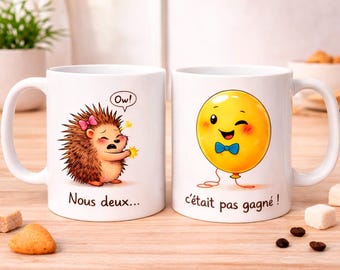 Funny and Opposite Couple Mug - Cartoon Style Animal Characters - Humorous Love Mugs - Original Valentine's Day Gift for Lovers