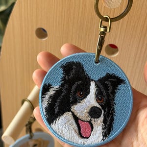 Chaveiro bordado dupla face com desenho de cachorro, enfeite para bolsa, Border Collie