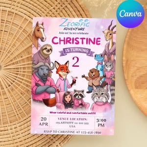May include: A rectangular birthday invitation card featuring the text Zeorific Adventure, Christine is turning 2, and event details. The design includes illustrations of a horse, sloth, buffalo, fox, raccoon, cat, and other animals in a pastel purple background.