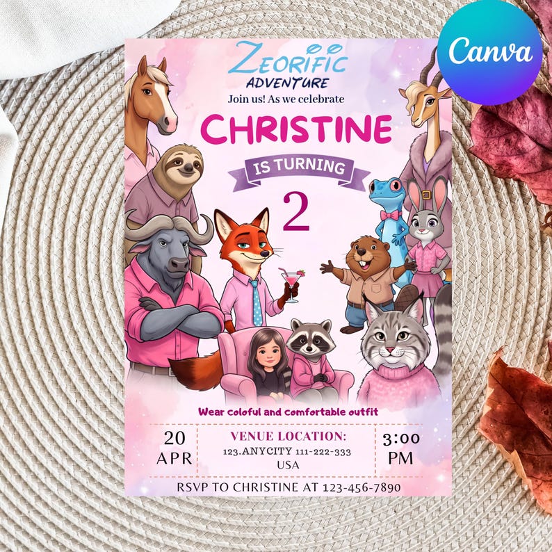 May include: A rectangular birthday invitation card featuring the text Zeorific Adventure, Christine is turning 2, and details for April 20 at 3:00 PM. The design includes various cartoon animals in clothing, a child in a pink chair, and pink accents.