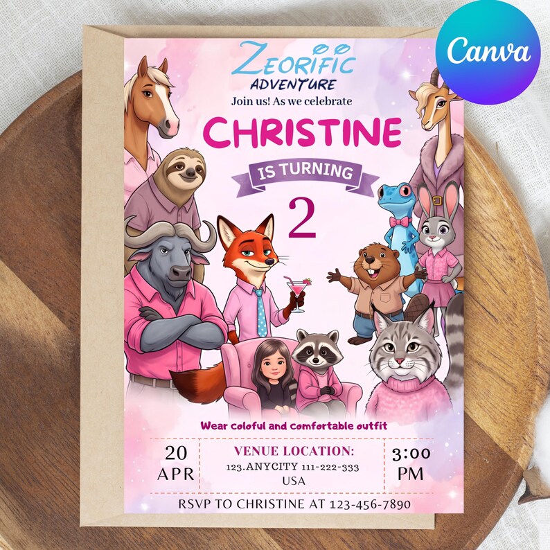 May include: A rectangular birthday invitation card featuring the text Zeorific Adventure, Christine Is Turning 2, and event details. The design includes colorful illustrations of various cartoon animals and a child in a pink chair on a light pink background.
