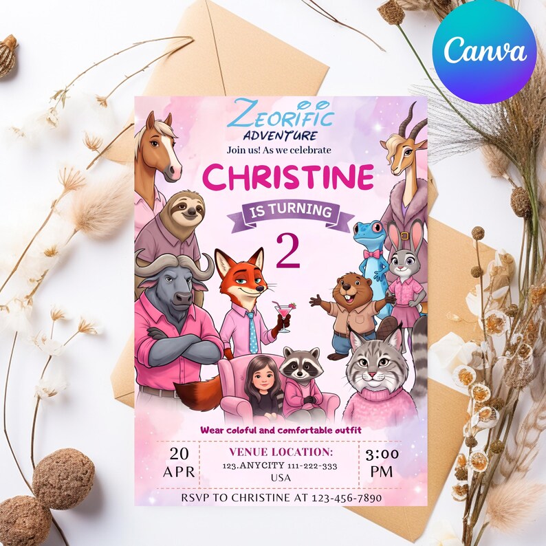 May include: A rectangular birthday invitation card featuring the text Zeorific Adventure, Christine is turning 2, and event details. The design includes illustrations of a horse, sloth, buffalo, fox, beaver, lizard, rabbit, raccoon, cat, and a girl.