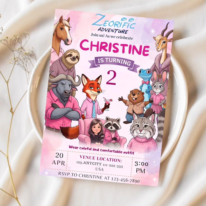May include: A rectangular birthday invitation card featuring a pink and purple watercolor background with cartoon animals, including a horse, sloth, buffalo, fox, raccoon, and cat. The text reads Zeorific Adventure, Christine is turning 2, and includes event details for April 20th at 3:00 PM.