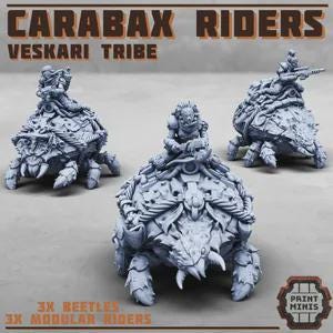 May include: Three grey resin miniature figures featuring riders mounted on large, armoured beetle creatures. The text reads CARABAX RIDERS VESKARI TRIBE and 3X BEETLES 3X MODULAR RIDERS. A small logo in the corner displays the text PRINT MINIS.