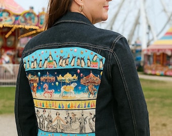 Handmade Circus Denim Jacket, Women’s Size Large, Vintage Carnival Jean Jacket, Unique Statement Outerwear, Custom Upcycled Jacket Gift