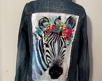 Reimagined Vintage Denim Jacket, Colorful Zebra Theme, Womens Large, Gift for Mom, Gift for Wife, One of a Kind, Unique Gift, Womens Fashion