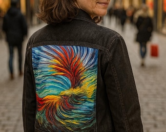 Reimagined Women's Vintage Denim Jacket Size XS with Colorful Eagle Detail, Gift for Mom, Gift for Wife, Unique One of a Kind Clothing