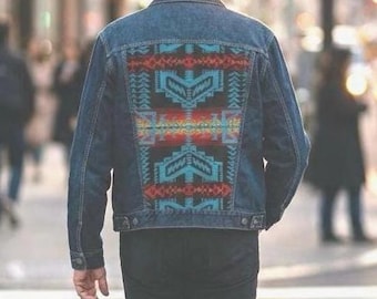 Men’s Large Denim Jacket with Pendleton Jacquard Wool Back Panel and Yoke.