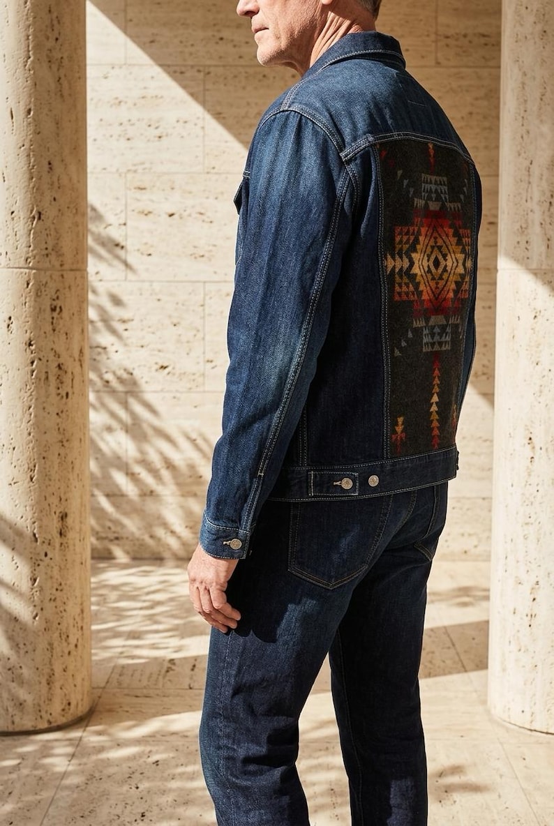 May include: A dark wash denim jacket with a decorative patterned back panel. The back panel features a geometric design in shades of red, orange, and yellow on a dark gray background. The jacket is paired with matching dark wash denim jeans.