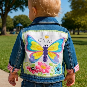 May include: A denim jacket and jeans set. The jacket features a large, colorful butterfly design on the back, with flowers and a bee. The cuffs have a pink and white checkered pattern. The child is standing outside on a sunny day.