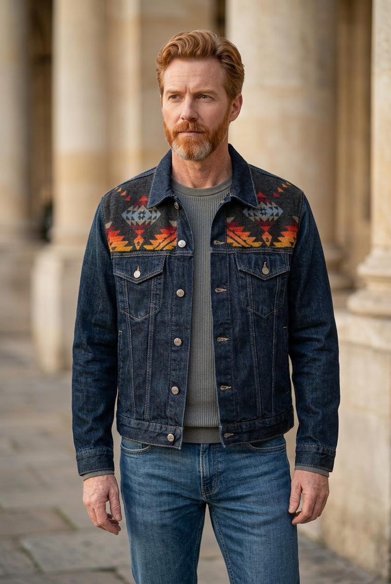 May include: A dark wash denim jacket with a patterned yoke in shades of gray, orange, and yellow. The jacket has a button-up front, chest pockets, and a classic collar. The model is wearing a gray sweater and blue jeans.