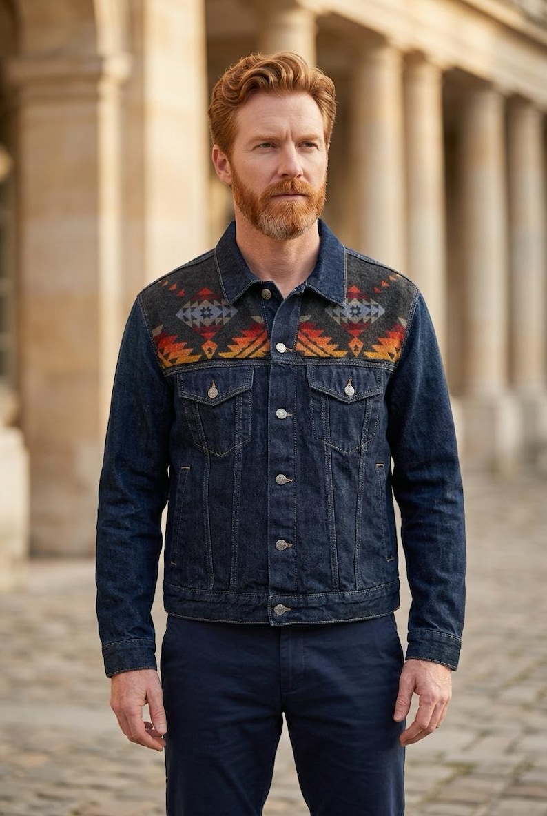 May include: A dark blue denim jacket with a patterned yoke featuring orange, red, and gray geometric designs. The jacket has silver buttons and two chest pockets. The model is wearing dark blue pants.