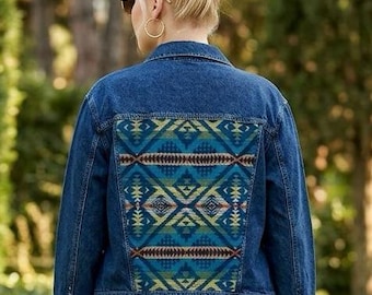 Fabulous denim jacket with Pendleton Jacquard on the back and shoulders. Upcycled, bold, and one of a kind. Size Women’s XL