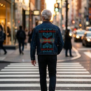 Men’s Large Denim Jacket with Pendleton Jacquard Wool Back Panel and Yoke.