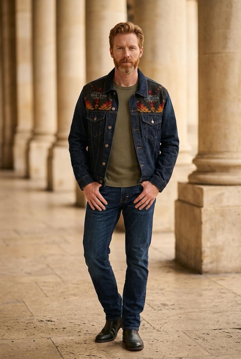 May include: A dark wash denim jacket with a colorful patterned yoke, paired with a green t-shirt and dark blue jeans. The jacket has button closures and pockets. The outfit is completed with black boots.