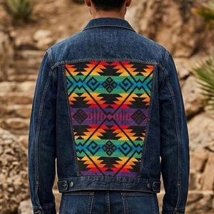 Southwestern denim jacket with rainbow Pendleton Jacquard on the back and shoulders. Upcycled, bold, and one of a kind. Men’s large.