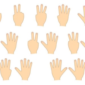 Może przedstawiać: Ilustracja dziesięciu dłoni w różnych pozycjach, demonstrujących liczby od jeden do pięciu. Każda dłoń jest przedstawiona z jasnym odcieniem skóry i prostym, kreskówkowym stylem, na białym tle. Dłonie są ułożone w rzędach i kolumnach.