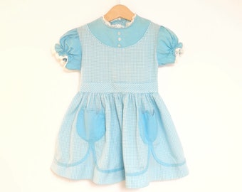 Vintage Girls Clothes | 1950's Handmade Turquoise and White Gingham Check Girl's Dress | Vintage Girl's Dress | Size 3T