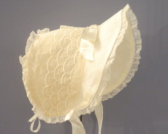 Vintage Baby Bonnet | 1950s Organdy Cream Ruffled Baby Bonnet | Vintage Cream Baby Bonnet | Size 6 - 9 Months