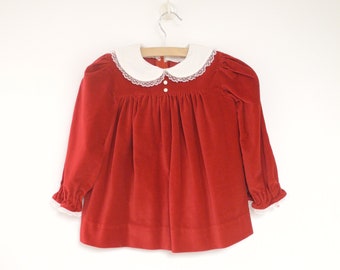 Vintage Baby Dress | 1960's Handmade Red Velveteen Baby Dress | Velvet Baby Dress | Size 18 - 24 Months