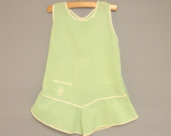Vintage 1930's Handmade Sleeveless Green & White Baby Romper, Shell Buttons, Embroidered - Size 2T