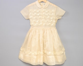 Vintage Girls Clothes | 1950's Beige Chiffon Girls Dress | Vintage Girls Dress | 1950s Girls Dress | Size 6