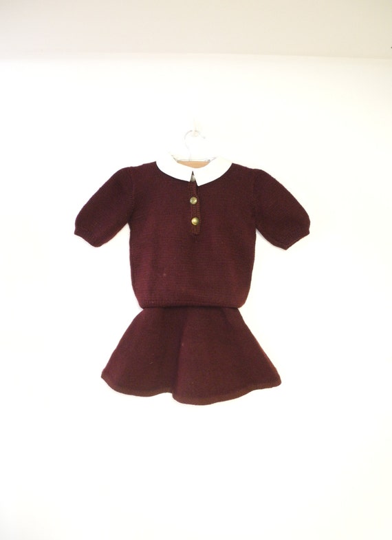 Vintage Baby Clothes, 1930's Hand Knit Maroon Wool