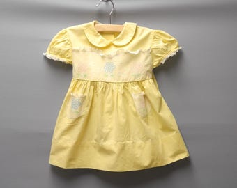 Vintage 1950s Kate Greenaway Yellow Cotton Baby Dress - Size 12 Months