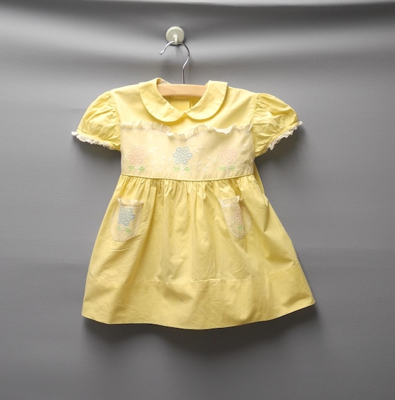 Vintage 1950s Kate Greenaway Yellow Cotton Baby Dress - Size 12 Months